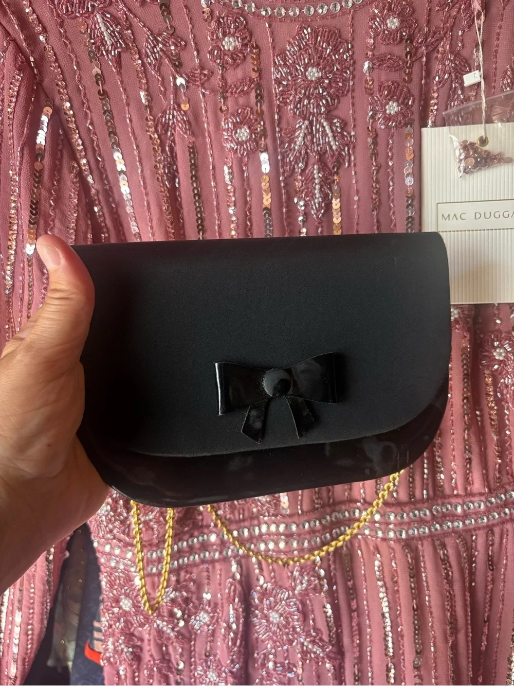 Dior Black Clutch with Bow and Gold Chain